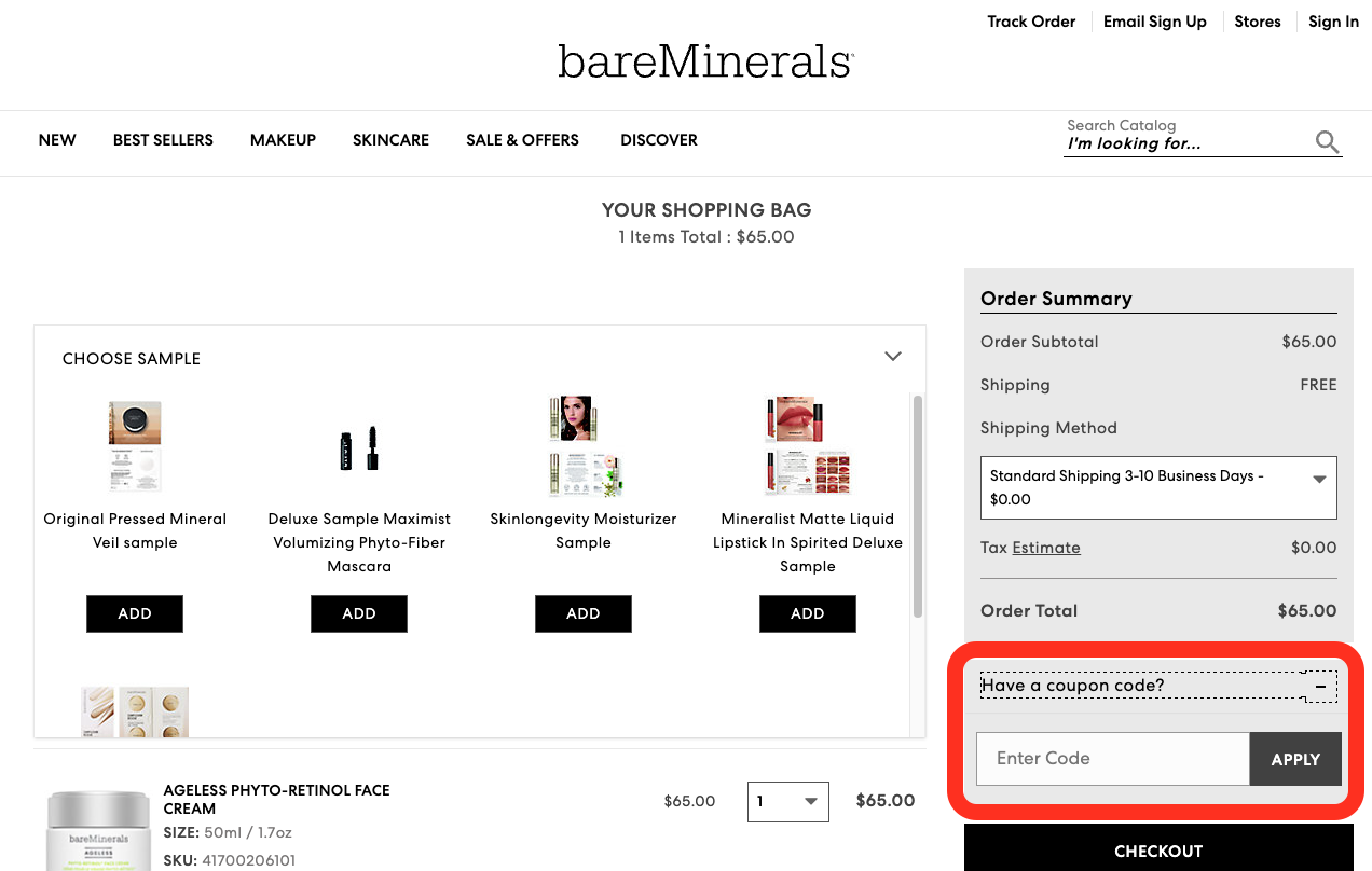 Where to input bareMineral promo code?